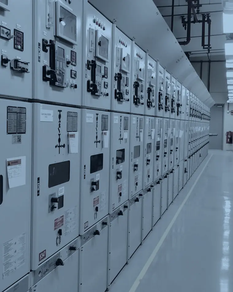 Dãy tủ điện công nghiệp trong phòng kỹ thuật, nơi gateway và dây cảm biến được đấu nối.